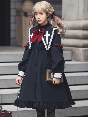 Academic Gothic Lolita OP Vestido Conjunto de 3 piezas Negro Manga larga Lolita Vestidos de una pieza Traje