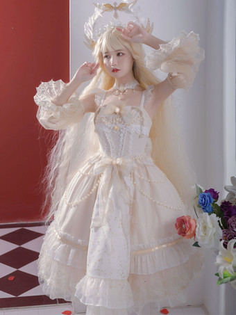Sweet Lolita JSK Dress 3 Pieces Set White Sleeveless Lace Up Bows Lolita Jumper Skirts