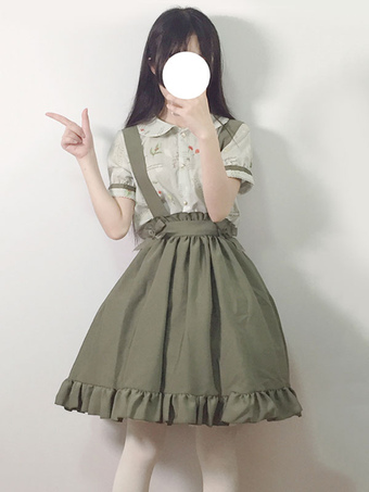 Classic Lolita Outfit Green Bow Ruffle Jumper Skirt With Short Sleeve Chiffon Blouse