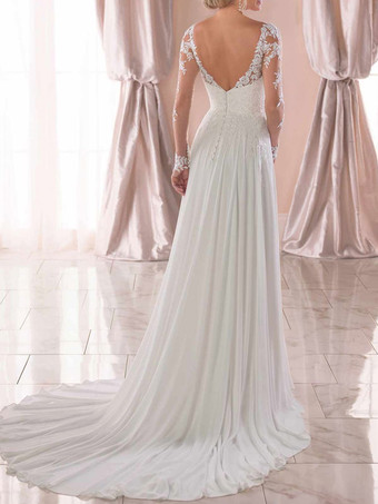 【オーダーメイド無料】シンプル ウェディングドレス Aライン ナチュラルウェストライン ホワイト ボタン シフォン 長袖 ウェディング Vネック バックレス コートトレーン