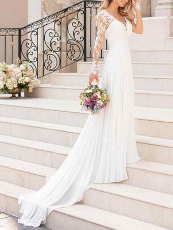 Lace Wedding Dresses 2024 Chiffon V Neck A Line Long Sleeve Lace Applique  Beach Wedding Bridal Dress With Train Free Customization 