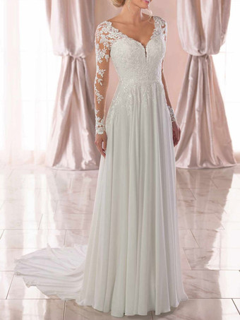 アイボリー【オーダーメイド無料】シンプル ウェディングドレス Aライン ナチュラルウェストライン ホワイト ボタン シフォン 長袖 ウェディング Vネック バックレス コートトレーン