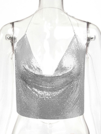 セクシーなストラップホルターメタルトップススパンコールクラブウェアトップススライバーノースリーブスパゲッティストラップポリエステルキャミドレープクロップ女性用