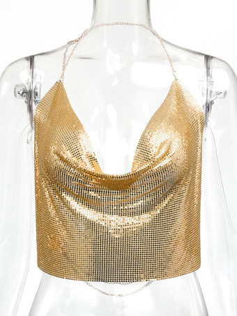 セクシーなストラップホルターメタルトップススパンコールクラブウェアトップススライバーノースリーブスパゲッティストラップポリエステルキャミドレープクロップ女性用