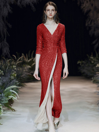 RubyEvening Dress 2025 Sliver Sheath V-Neck Floor-Length Long Sleeves Zipper Pleated Sequined Formal Dresses Wedding Guest Dresses