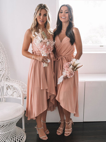 Brautjungfernkleid Rosa A-Linie Ärmelloses V-Ausschnitt Reißverschluss Chiffon Hochzeitsfeier Kleid