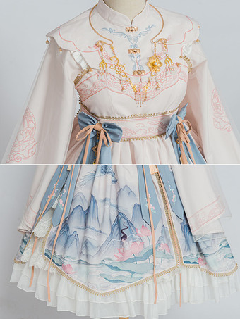 チャイナロリータドレス　白 山柄 華ロリ 中華風 撮影 リボン 夢かわ ロング