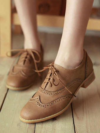 Womens Flat Oxfords Perforated Lace-up Wingtip PU Leather Vintage Oxford Shoes