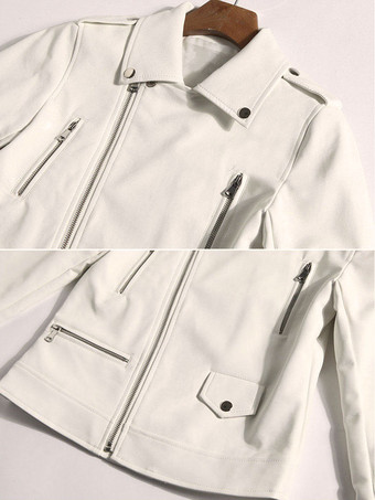 ライダースジャケット ホワイト 革 ジャン ポリウレタン／PU 女性用 アウター 長袖 折り襟 無地 ポケット モーターサイクルジャケット ファッション バイカージャケット