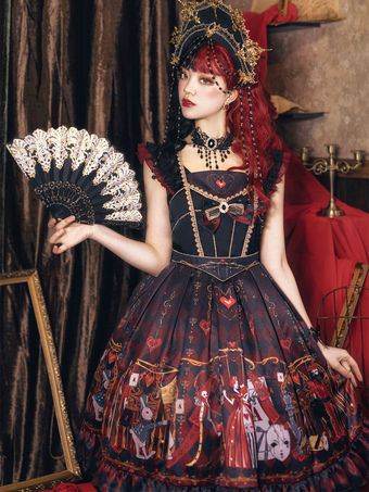 Gothic Black Red Lolita OP Dress Queen Of Hearts Sleeveless Polyester Lolita Jumper Skirt Choker Headwear Accessory Bowknot 5-Piece Set