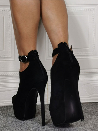 パンプス 厚底 プラットフォーム ブラック ピンヒール ピープトゥ ヌバック シューズ 14cm ボタン 無地 パーティー キャバ イベント フォーマル 外出 アンクルストラップ レディース靴