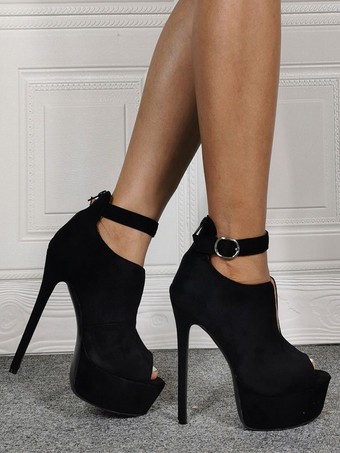 パンプス 厚底 プラットフォーム ブラック ピンヒール ピープトゥ ヌバック シューズ 14cm ボタン 無地 パーティー キャバ イベント フォーマル 外出 アンクルストラップ レディース靴