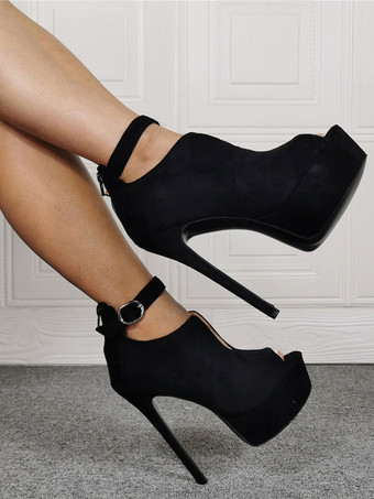 パンプス 厚底 プラットフォーム ブラック ピンヒール ピープトゥ ヌバック シューズ 14cm ボタン 無地 パーティー キャバ イベント フォーマル 外出 アンクルストラップ レディース靴