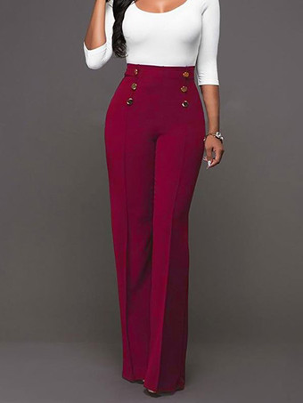 ワインレッド ホワイトレディースパンツ　2025　ハイウエスト　ストレートレッグロングパンツ