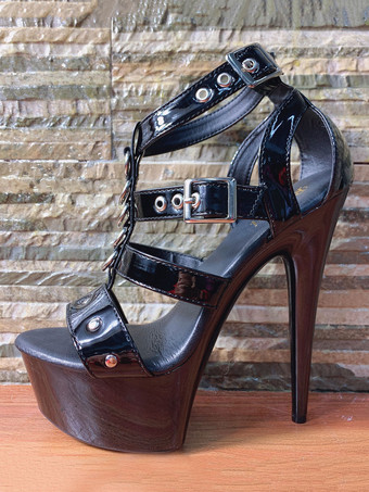 レディース靴　サンダル　新作　厚底サンダル　美脚　アンクルストラップ　ブラック　15cm　オープントゥ　スティレットヒール　PU　バックル　