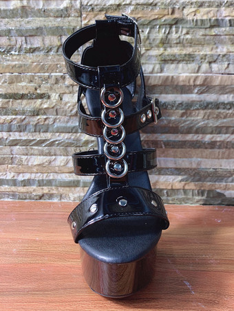 レディース靴　サンダル　新作　厚底サンダル　美脚　アンクルストラップ　ブラック　15cm　オープントゥ　スティレットヒール　PU　バックル　