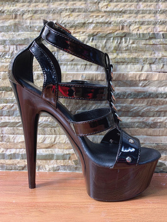 レディース靴　サンダル　新作　厚底サンダル　美脚　アンクルストラップ　ブラック　15cm　オープントゥ　スティレットヒール　PU　バックル　