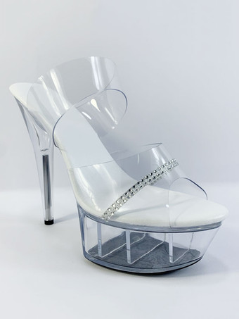 セクシーミュール PVC ラインストーン トランスペアレント 厚底