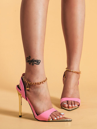 ピンクヒールサンダル ポインテッドトゥ スティレットヒール PUレザー レディース サンダル セクシー ブラック