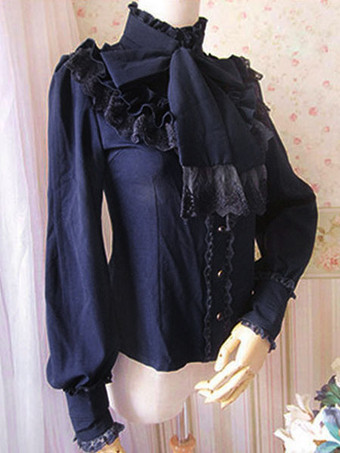 ダークネイビーロリィタブラウス　ポリエステル　カジュアル　スウィート　ハイネック　無地　リボン　長袖　