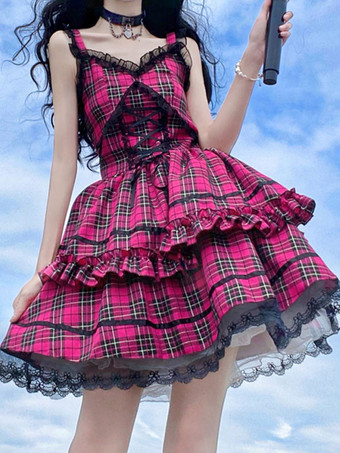 ロリータドレス アイドル服ロリータパンク JSK ドレス ローズレッドチェック柄プリントパターンフリル弓甘いロリータジャンパースカート