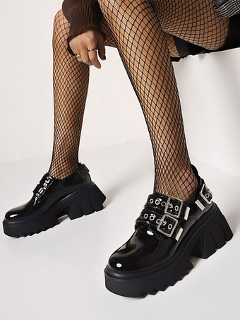 Calzado gótico Lolita Zapatos negros de punta redonda con tacón grueso PU Cuero Lolita