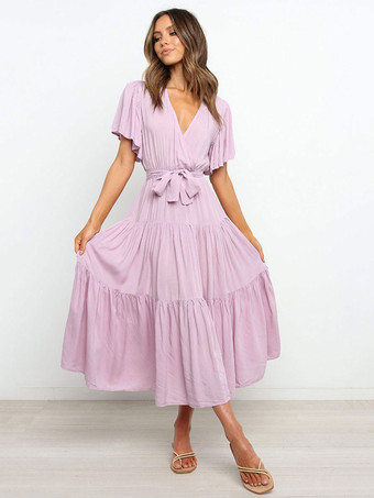 Women Maxi Dresses Short Sleeves Lavender V-Neck Lace Up Layered Summer Long Dress