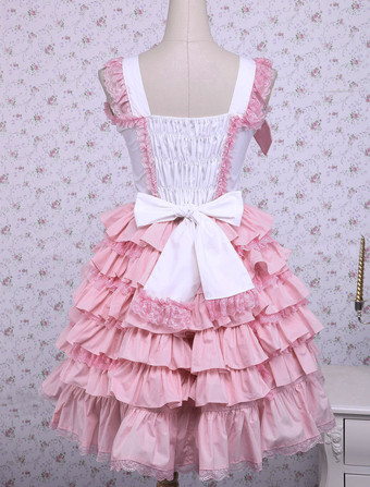 甘いピンクコットンロリータジャンパードレス　2025　リボン　レイヤーフリル　アイドル衣装