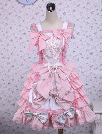 Lolitashow Sweet Pink Cotton Loltia Jumper Dress Bows Layers Ruffles