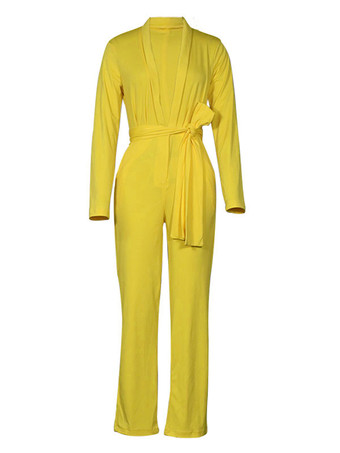 女性用ジャンプスーツレッドVネック長袖ポリエステルストレートパンツサマープレイスーツ