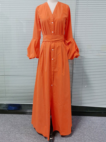 レディース オレンジ マキシドレス 長袖 Vネック サッシュ レイヤード ロングドレス