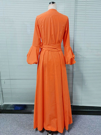 レディース オレンジ マキシドレス 長袖 Vネック サッシュ レイヤード ロングドレス