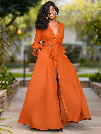 Women Orange Maxi Dresses Long Sleeves V-Neck Sash Layered Long Dress