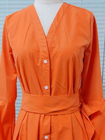 レディース オレンジ マキシドレス 長袖 Vネック サッシュ レイヤード ロングドレス