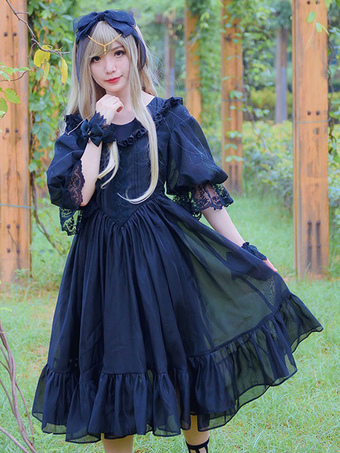 Classic Lolita Dress OP Blue Organza Half Sleeve Lolita One Piece Dress