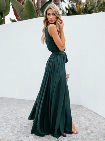 Vestidos de fiesta Azul marino oscuro Escote en V Cordones Sin mangas Vestido semiformal con aberturas altas