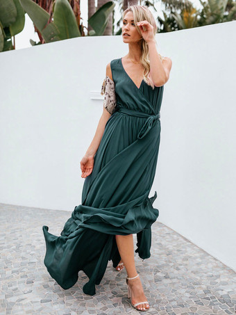 Vestidos de fiesta Azul marino oscuro Escote en V Cordones Sin mangas Vestido semiformal con aberturas altas