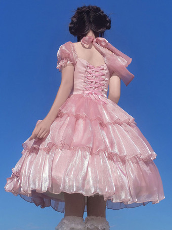 ロリータOPドレスポリエステル半袖フリルリボンロリータワンピースドレス 甘い ピンク