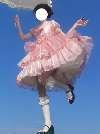 ロリータOPドレスポリエステル半袖フリルリボンロリータワンピースドレス 甘い ピンク