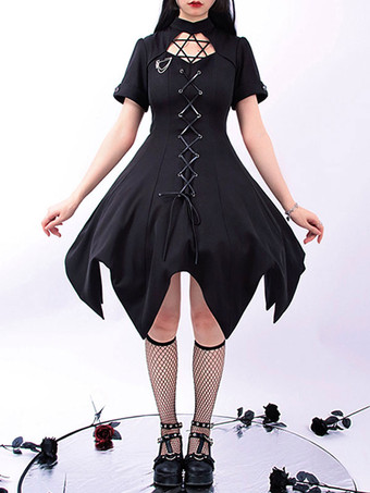 販売前ゴシックロリータオプドレス黒半袖フリルレースアップブラックロリータワンピースドレス