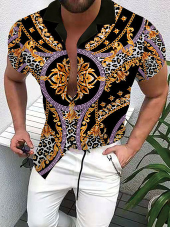 negro Camisa casual para hombre Cuello vuelto Camisas de hombre negras impresas ocasionales