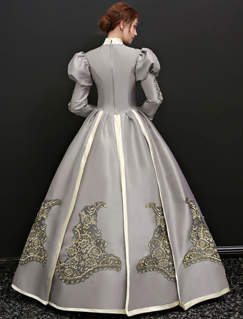 中世 ドレス 女性用 プリンセス 貴族ドレス シルバーグレー 七分袖 ヴィクトリア風 卒業パーティー レトロ ヨーロッパ 宮廷風 中世 ドレス・貴族ドレス