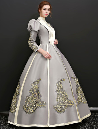 中世 ドレス 女性用 プリンセス 貴族ドレス シルバーグレー 七分袖 ヴィクトリア風 卒業パーティー レトロ ヨーロッパ 宮廷風 中世 ドレス・貴族ドレス