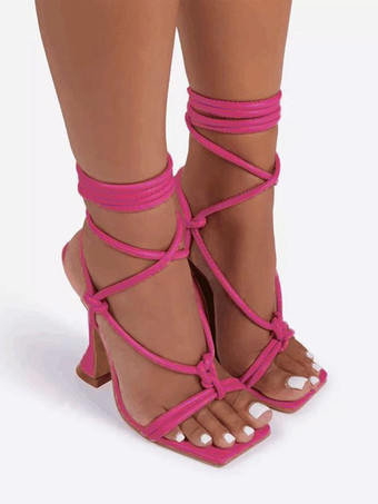 Rouge roséSandales femme à talon noir en PU à lacets