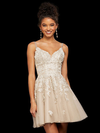 シャンパンホームカミングドレスで魅力的なショートAラインVネックアップリケポリエステルカメオブラウンパーティードレス