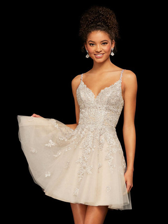 ホームカミングドレスで魅力的なショートAラインVネックアップリケポリエステルカメオブラウンパーティードレス