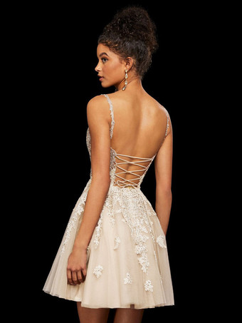 ホームカミングドレスで魅力的なショートAラインVネックアップリケポリエステルカメオブラウンパーティードレス