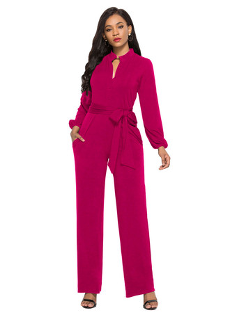 ローズレッド女性のための黒の V ネック長袖レース アップ ライクラスパンデックス ジャンプスーツ