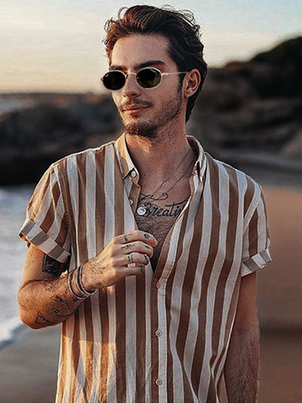 Coffee BrownMen's Casual Shirt Turndown Collar Chic Stripes Red Men's Shirts