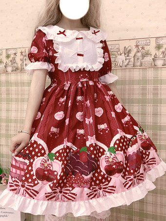 Vestido Sweet Lolita OP Impreso Lazos rojos Volantes Lolita Vestidos de una pieza